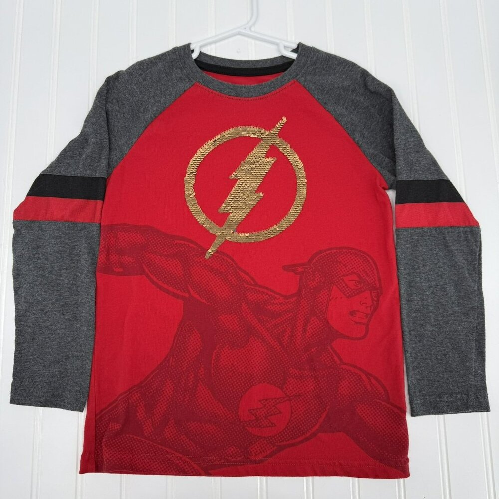 The Flash DC Comics Red Flip Sequin Tee Boys Size 8 Long Sleeve Super Hero